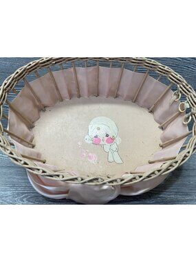 Vintage Oval Basket Tray Hand Painted Retro Baby Girl Pink Ribbon OOAK